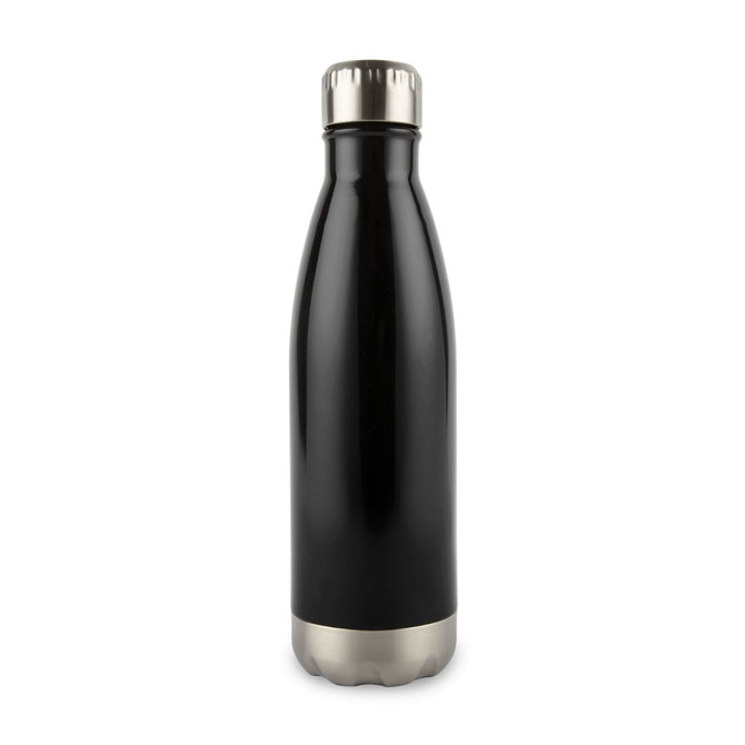 A drink bottle with a sleek black exterior and a stainless steel bottom, featuring a secure screw-on cap.