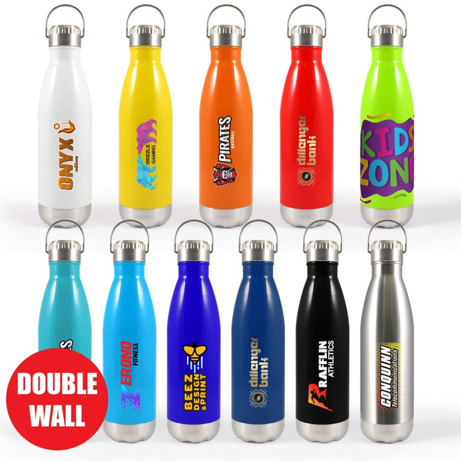 A collection of colorful drink bottles, including orange, green, blue, and silver options, each with a unique design and a hanger lid.