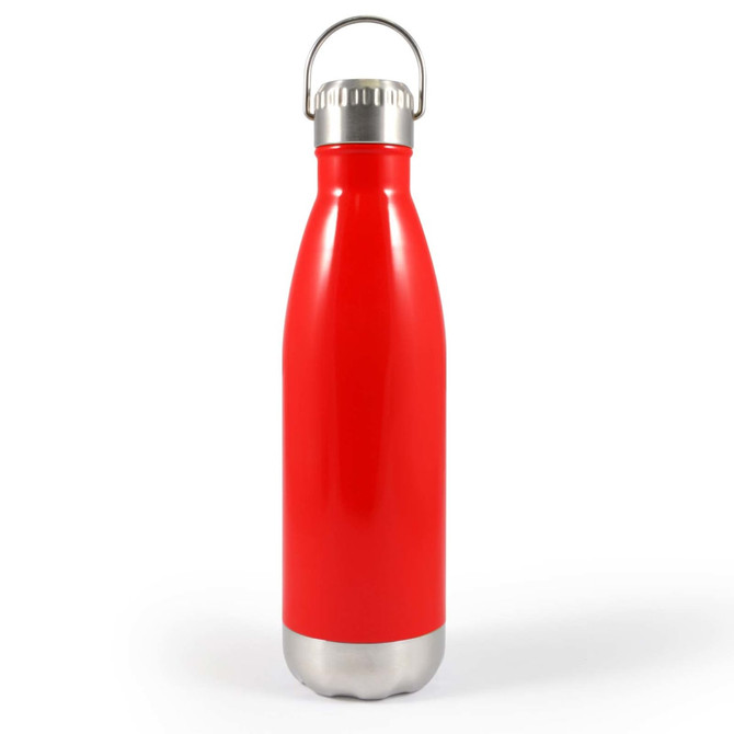A drink bottle featuring a sleek red design with a stainless steel bottom and a hanger lid for easy carrying.