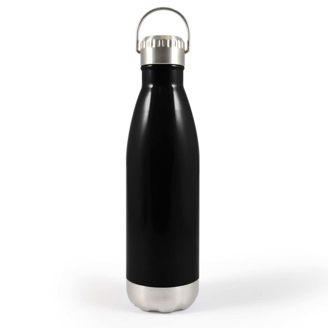 A drink bottle with a sleek black exterior, stainless steel bottom, and a metal hanger lid.