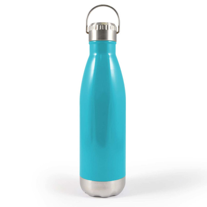 A drink bottle in a vibrant turquoise color with a stainless steel bottom and a metal hanger lid.