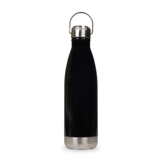 A drink bottle with a hanger lid, featuring a sleek black body and a silver base. Includes a logo.