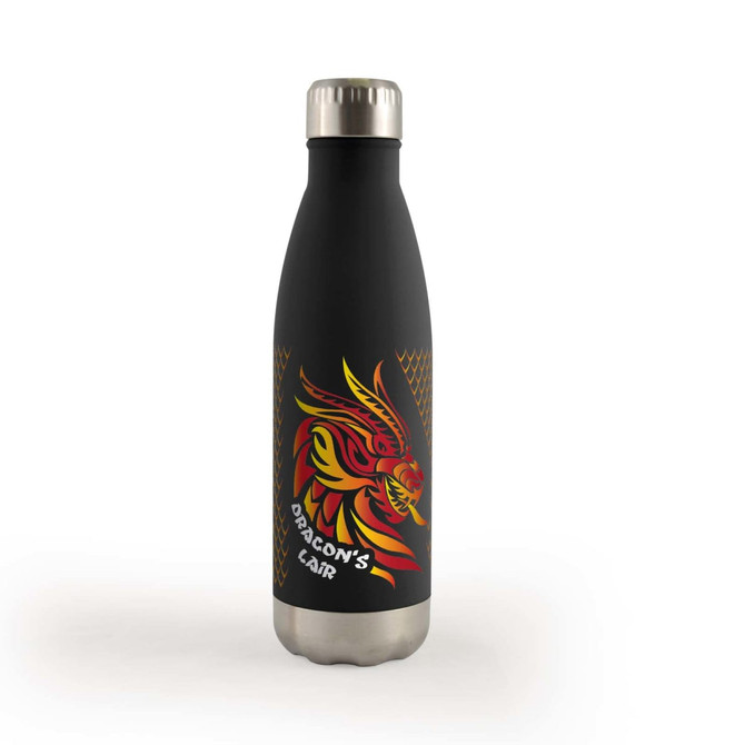 A drink bottle with a black exterior featuring a colorful dragon design and a stainless steel bottom.