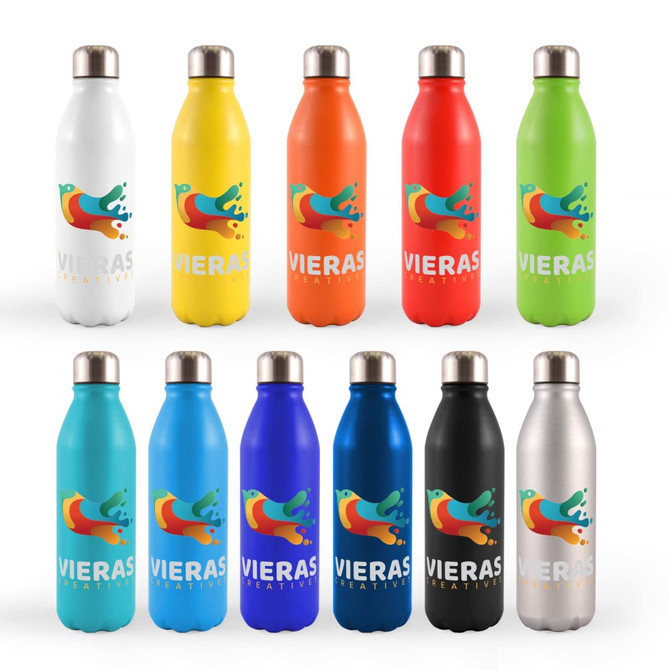 A set of aluminum drink bottles in various colors, each featuring a logo on the front.