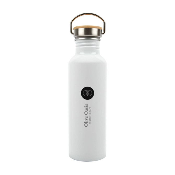 A drink bottle made of recycled aluminum featuring a white finish and a cork top, branded with the logo "Olive Oasis."