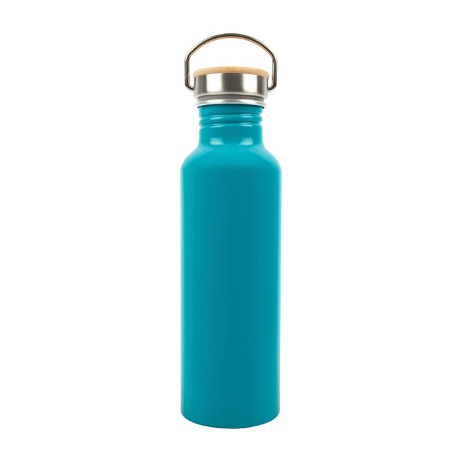 A drink bottle made of recycled aluminum, featuring a vibrant turquoise finish and a stainless steel lid with a handle.