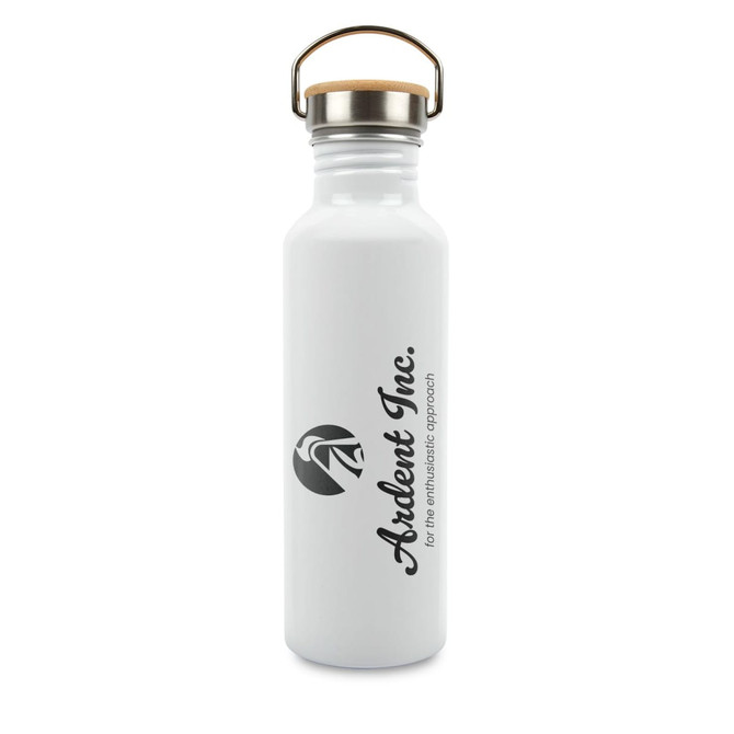 A drink bottle made of recycled aluminium, featuring a white finish and a bamboo lid, with a logo printed on it.