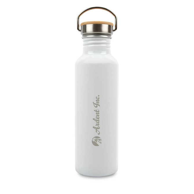 A drink bottle in white with a stainless steel lid and wooden handle, featuring a logo. Ideal for reusable drinkware.