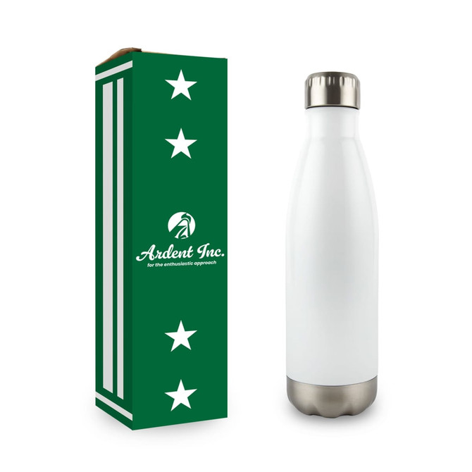 A drink bottle made of recycled aluminium, featuring a white body and a stainless steel base, with a branded box.