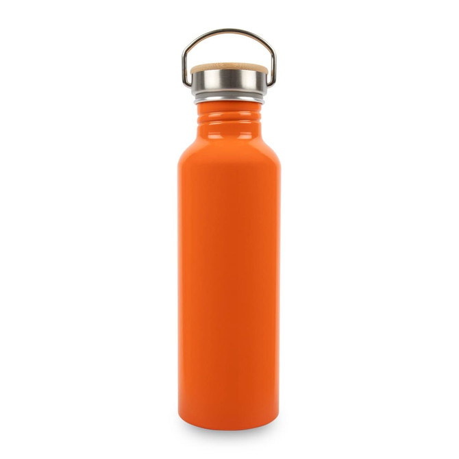 A drink bottle in bright orange with a stainless steel lid and a secure handle. It features a logo.