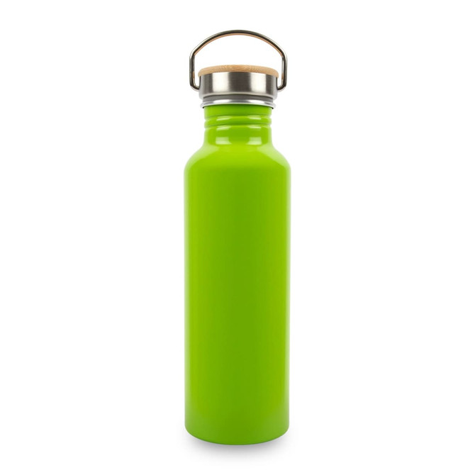 A drink bottle made of recycled aluminium in bright green with a stainless steel cap and bamboo accent.