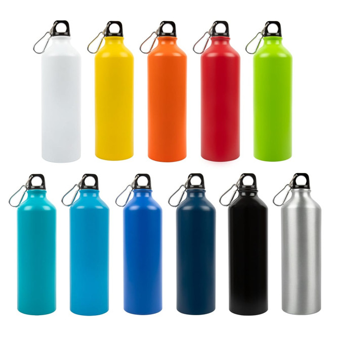 A drink bottle assortment featuring colors like white, yellow, orange, red, green, blue, black, and silver. Each has a carrying handle.