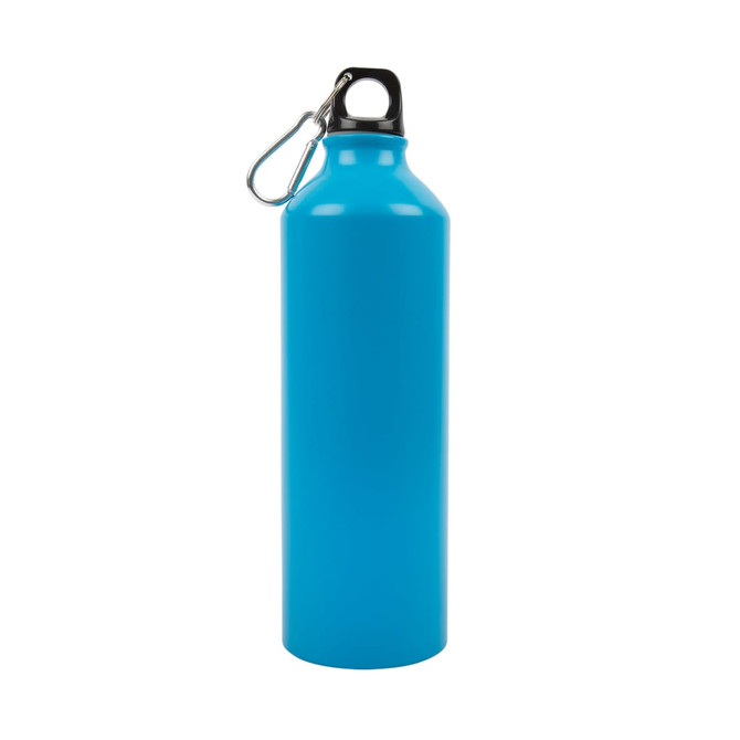 A drink bottle in vibrant blue, featuring a black top and a metal carabiner for easy attachment.