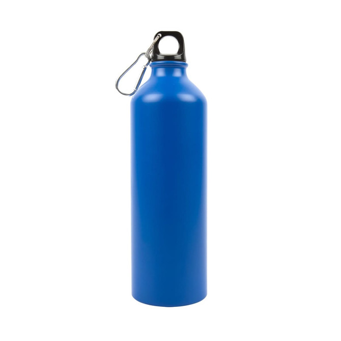 A drink bottle featuring a sleek blue aluminum design with a secure cap and a convenient carabiner attachment.