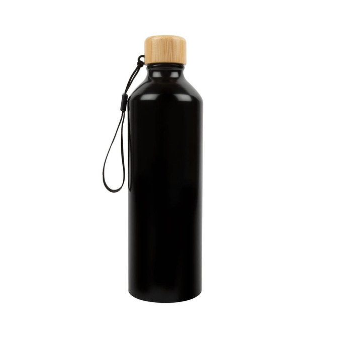 A drink bottle made of aluminum with a sleek black finish and a bamboo lid. It features a convenient carrying strap.