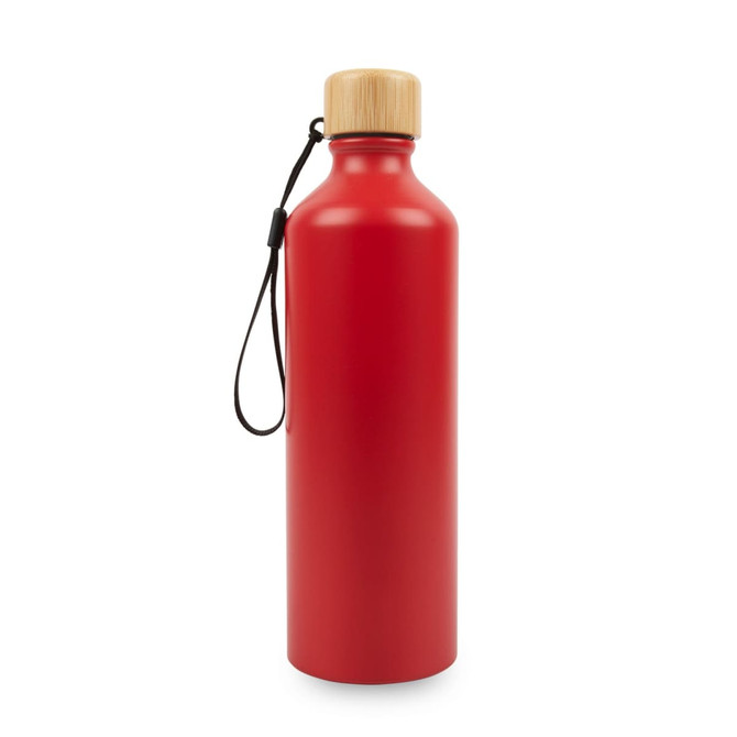 A drink bottle in bright red with a bamboo lid and a black strap, featuring a logo.