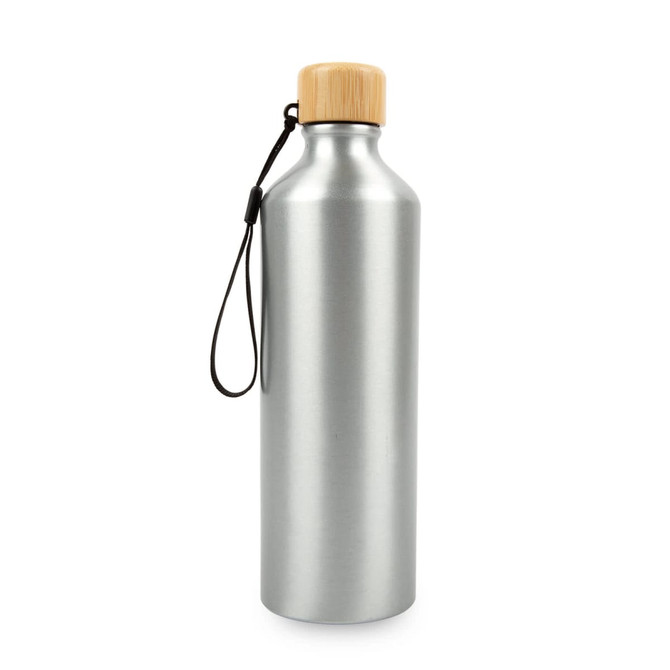 A drink bottle in silver aluminium with a bamboo lid and a carrying strap, featuring a logo.