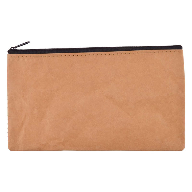 A kraft paper pouch in brown with a black zipper, featuring a simple design and a branding logo.