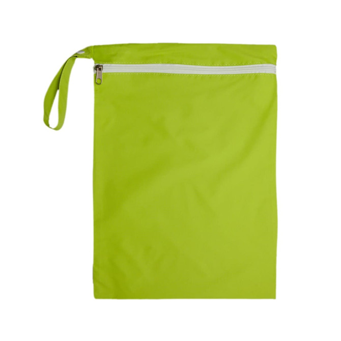 A bright green Cosi Wet Bag with a zip closure and a handle.