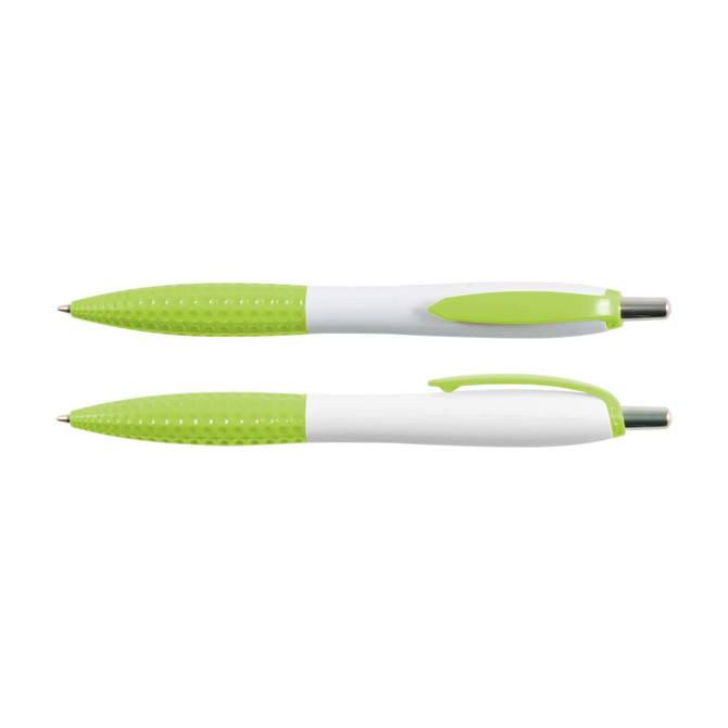 Two plastic pens named Mac Pen, featuring a white barrel with a green textured grip and clip, showcasing a sleek design.