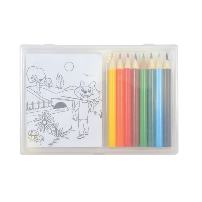 A drawing set with a clear case containing colored pencils in various hues and a coloring sheet featuring a cartoon character.