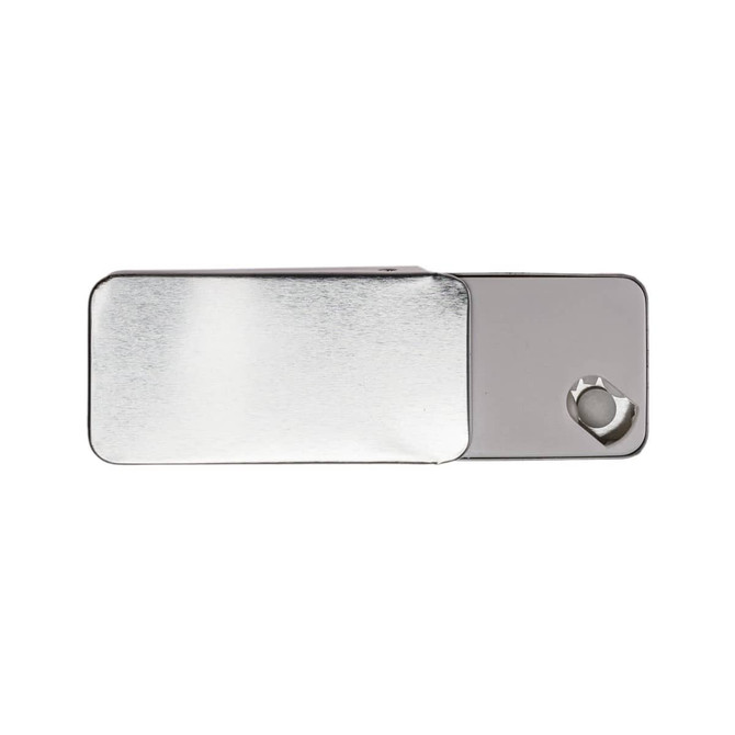 A slider tin containing sugar-free breath mints. The tin has a sleek, shiny metallic finish.