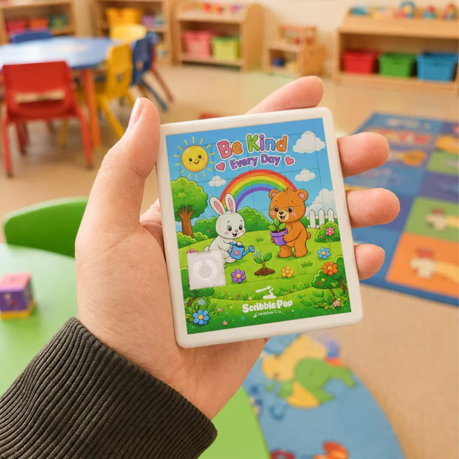 A hand holds a square tile puzzle featuring cartoon animals and a vibrant, cheerful garden scene with bright colours.