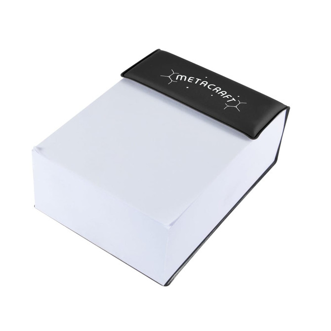 A notepad featuring a black cover with a logo and white paper, designed for office use.