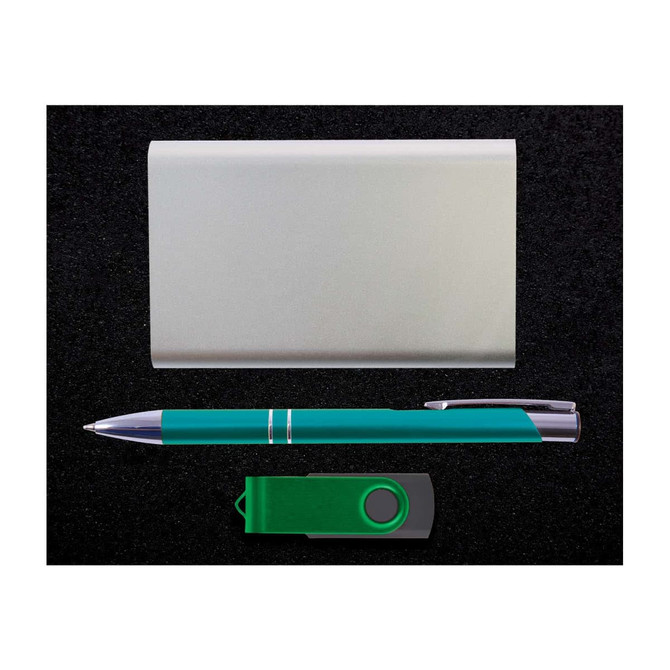 A power bank gift set featuring a sleek silver wallet, a green pen, and a green USB flash drive.