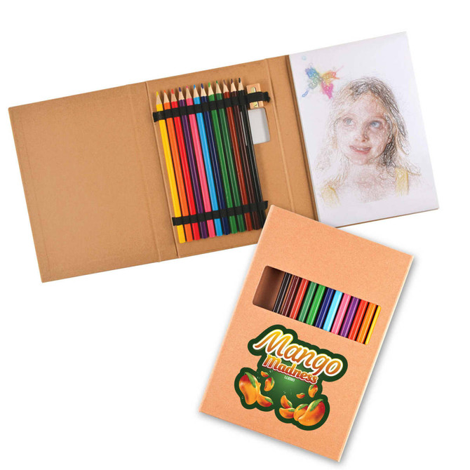 A pencil drawing set with a variety of colored pencils in a cardboard case, accompanied by a sketch.