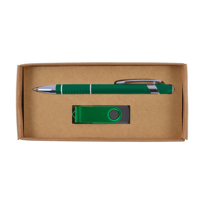 A green pen and a green USB drive are presented inside a brown cardboard gift box.