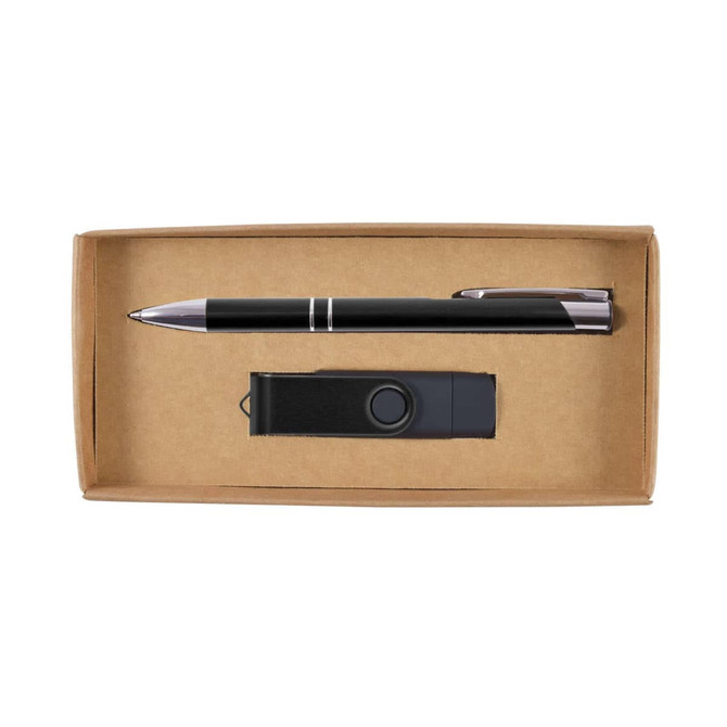 A boxed gift set featuring a sleek black pen and a USB flash drive, all packaged in a simple cardboard box.