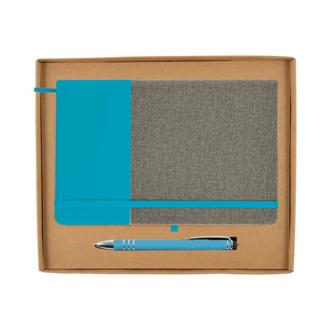 A grey fabric notebook with a turquoise section and a matching turquoise pen in a brown cardboard gift box.