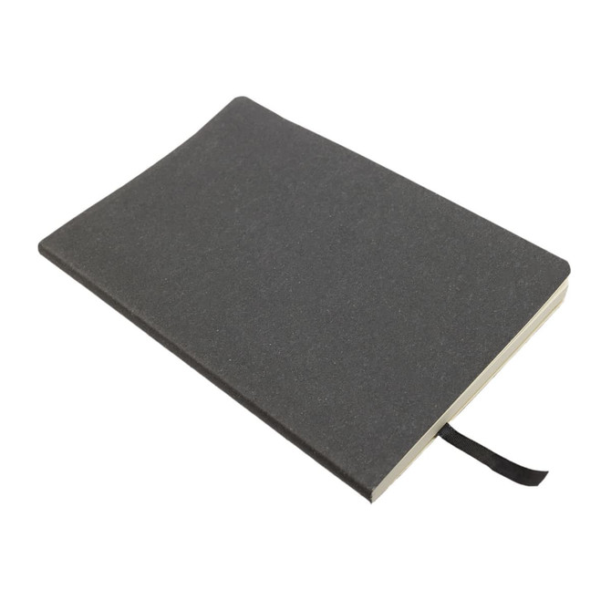 A recycled leather notebook featuring a soft cover, presented in a sleek gray color with a ribbon marker.