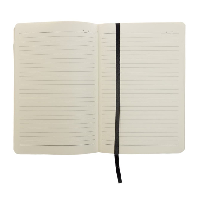 A recycled leather notebook in a soft cover, featuring lined pages and a black ribbon bookmark.