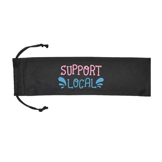 A black drawstring pouch with "SUPPORT LOCAL" printed in pink and blue. It features a simple design.