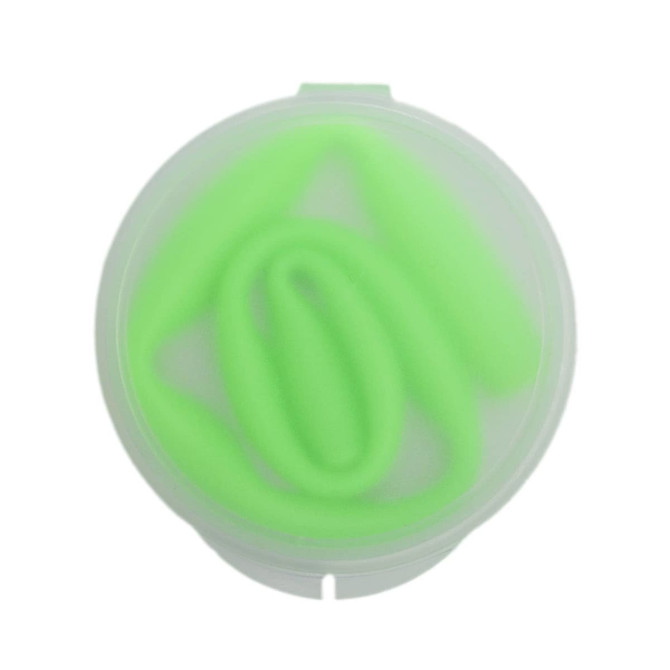 A silicone straw in a clear case, featuring a vibrant green straw coiled inside.