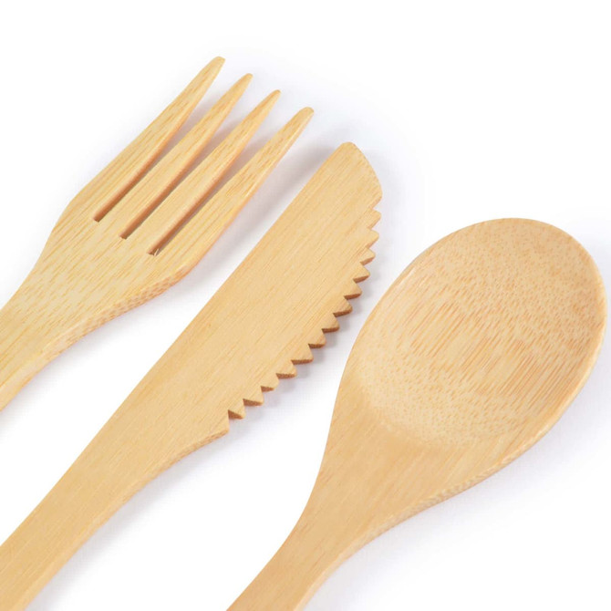 A miso bamboo cutlery set featuring a fork, knife, and spoon, all made from bamboo.