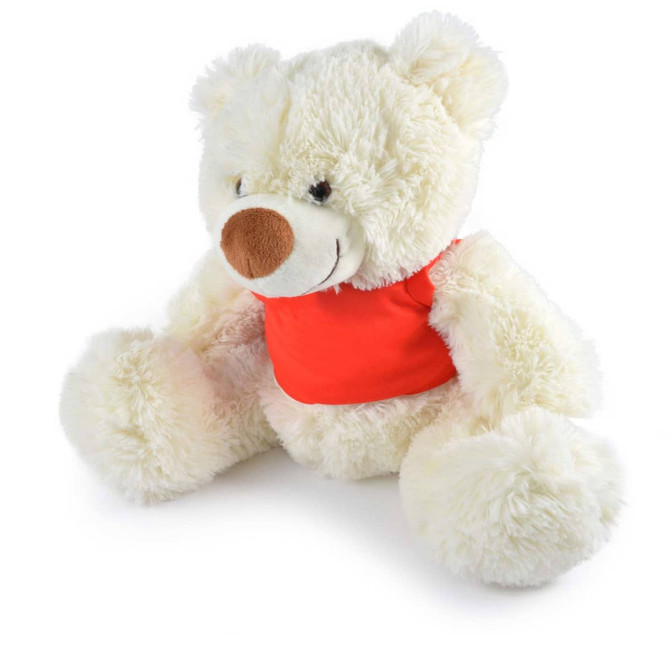 A plush teddy bear with a soft, fluffy white exterior and a brown nose, wearing a bright red shirt.