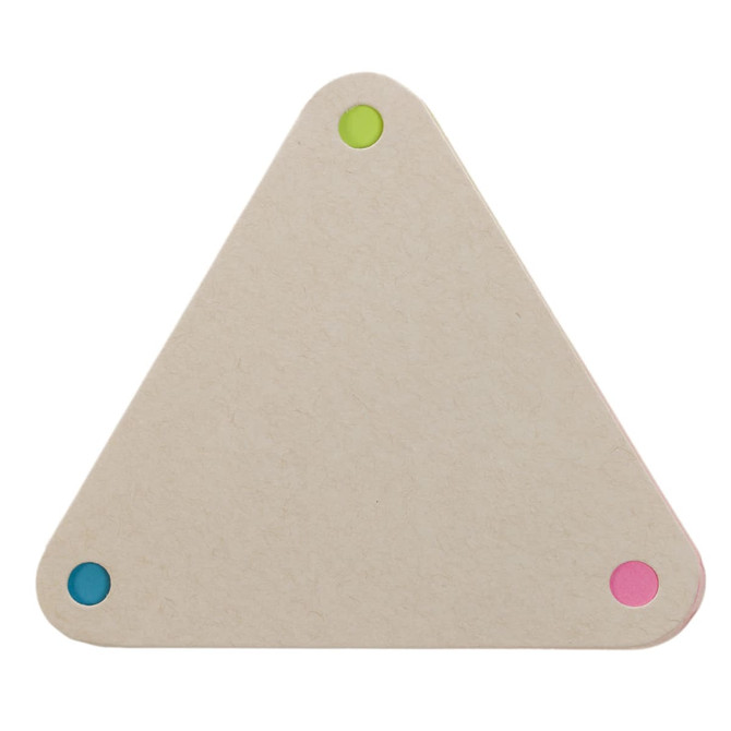 A triangular sticky note in a beige color, featuring colored dots in green, blue, and pink at each corner.