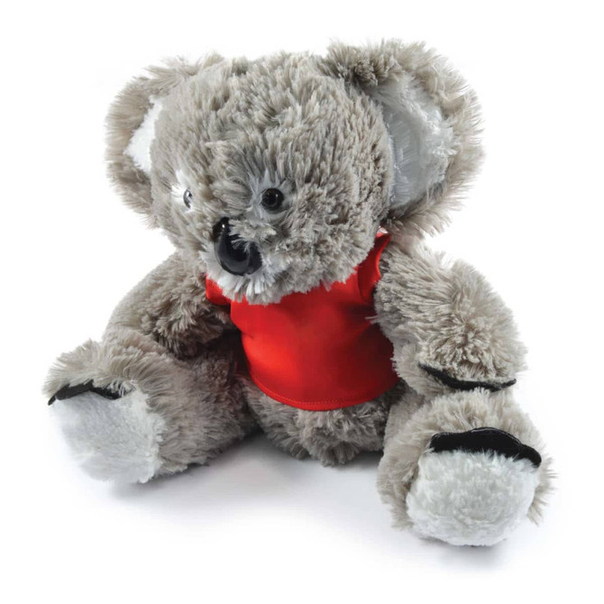 A plush toy koala with gray fur and a red shirt. The toy has a friendly face and plush limbs.