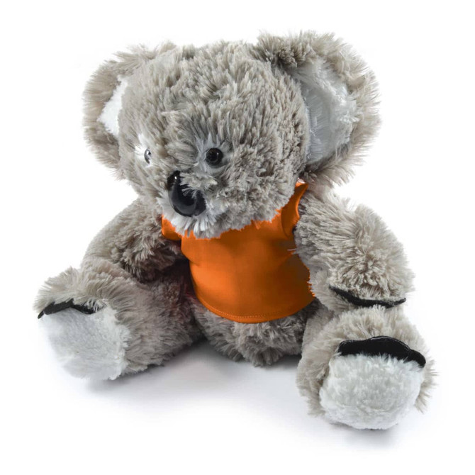 A plush toy koala named Korporate Koala with gray fur and an orange shirt.