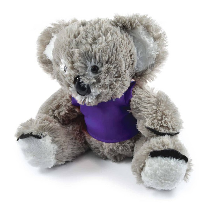 A plush koala toy with gray fur and a purple shirt, featuring black paws and a cute expression.
