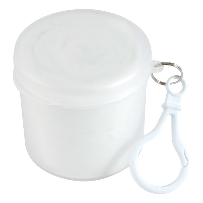 A white, round container with a secure lid and a clip for easy attachment.