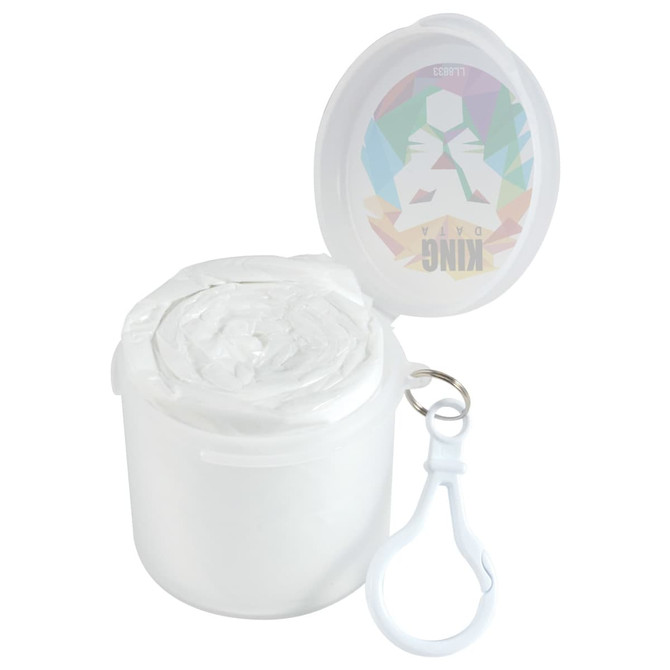 A white container of a product with a lid, featuring a keychain attachment and a colorful logo on top.