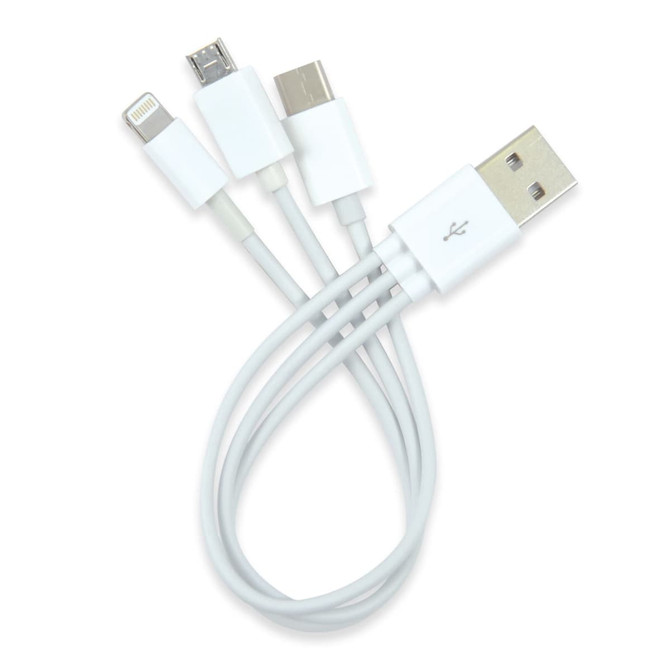 A white 3-in-1 combo USB cable with micro, 8 pin, and Type C connectors.