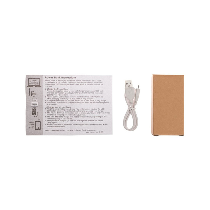 A power bank kit featuring a small brown box, USB charging cable, and instruction sheet.