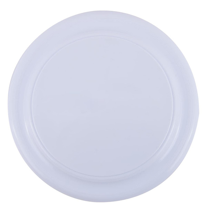 A white plastic plate with a smooth surface and subtle rim detail.