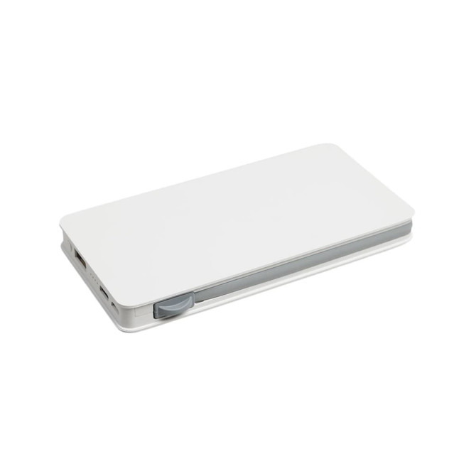 A white power bank with a sleek design and a grey slider, featuring multiple ports and a logo.