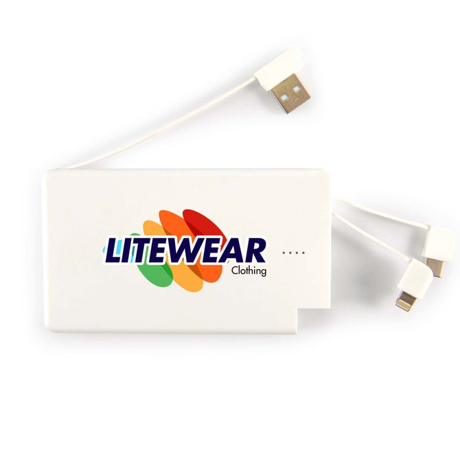 A 5,000mAh power bank featuring a white design with the "LITEWEAR Clothing" logo and integrated charging cables.